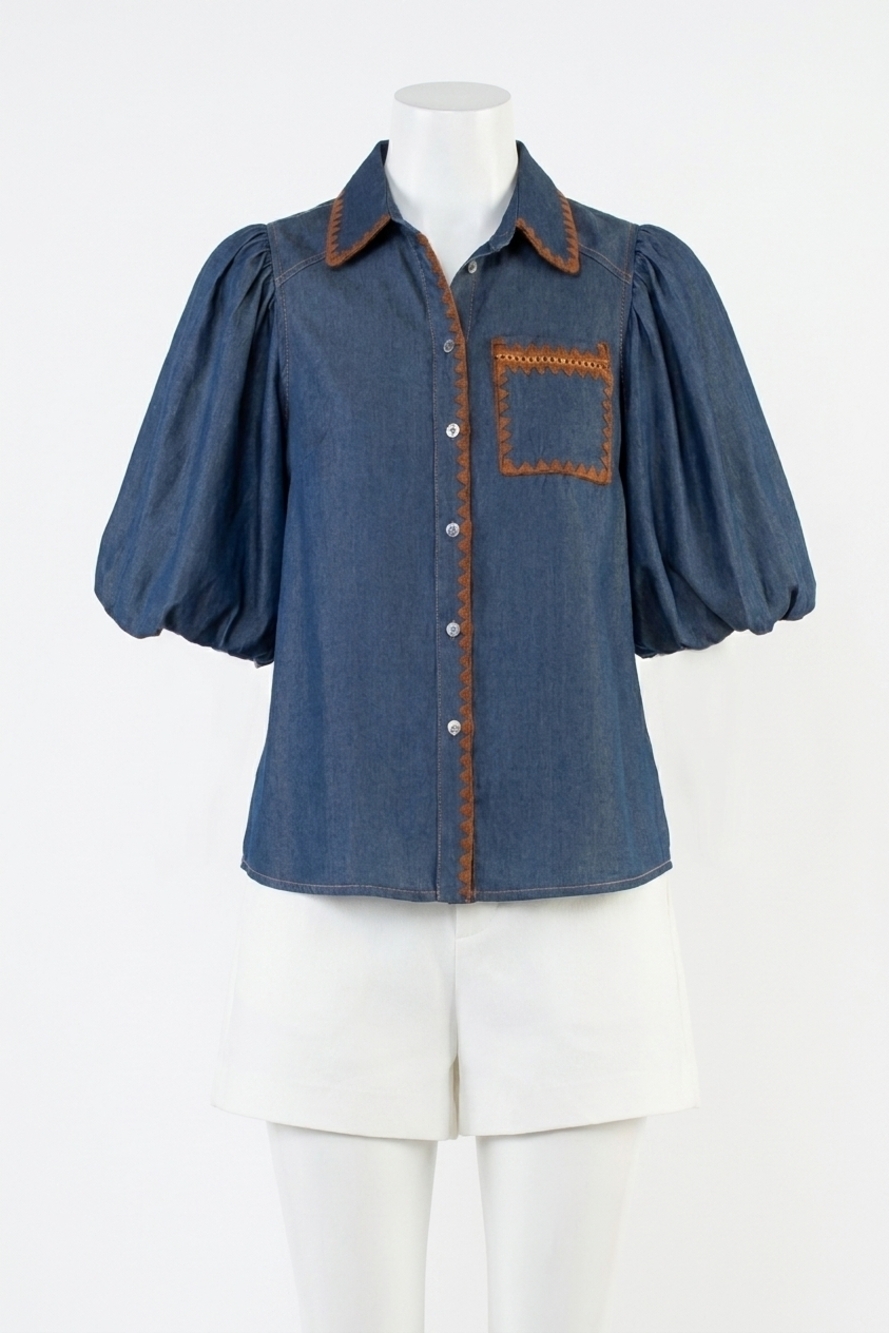 NEW THML puff sleeve denim button up top in blue